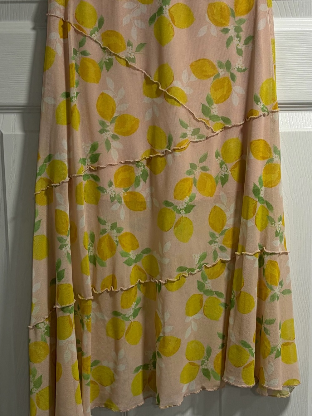 Pink Lemon Print Asymmetrical Ruffle Midi Skirt